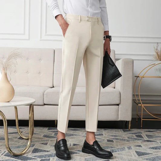 Thickened Fleece Men's Casual Straight Leg Pants Autumn Winter Elastic Slim Fit Korean Style Fashionable Nine Point Long Trou...
