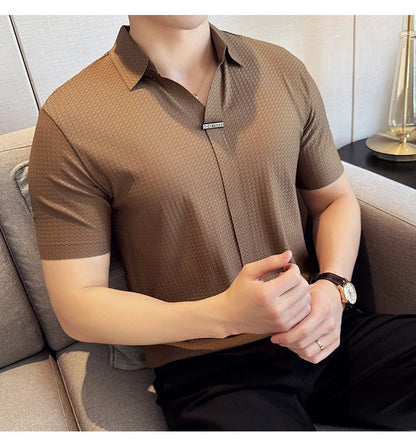 High-Grade Ice Silk Seamless Adhesive Polo Shirt, High-Elastic V-neck Thin Waffle Short-Sleeved Golf Shirt, T-shirt