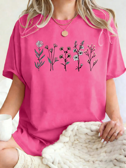 All Kinds Of Beautiful Flowers Printed T-Shirt Women Cotton Loose T Shirts All-Match Summer Clothing Comfortable Y2K Streetwear