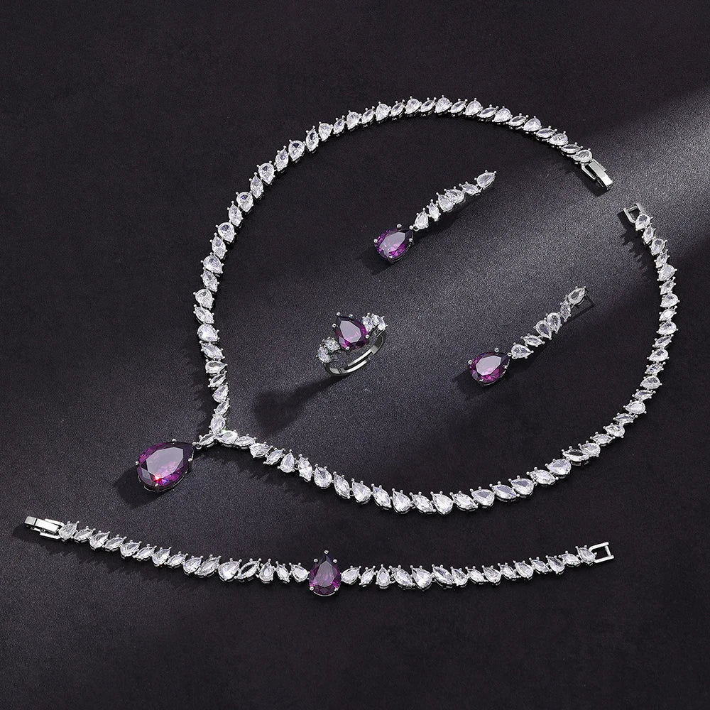 Luxury Cubic Zirconia Jewelry Sets for Women Wedding Bridal 4PCS Drop Necklace Earrings Set Party Gift