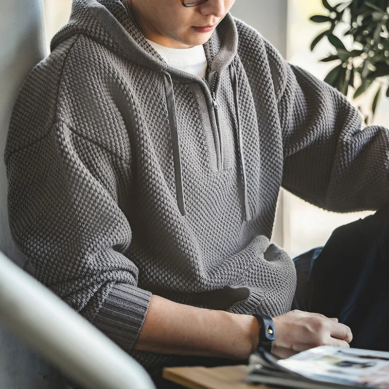 Casual Knit Sweater Half-zip Basics Hoodies for Men Autumn Winter Fashion Brand Pullovers Warm Hooded Sweatshirt Tops