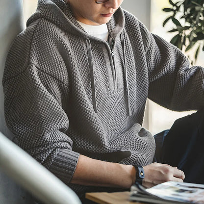 Casual Knit Sweater Half-zip Basics Hoodies for Men Autumn Winter Fashion Brand Pullovers Warm Hooded Sweatshirt Tops