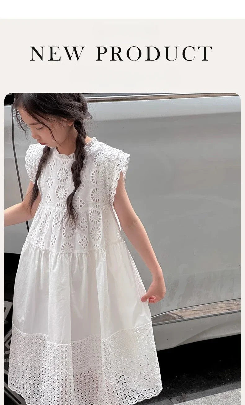 Cotton Medium To Large Children's Clothing Lace White Dress Girls' Princess Little Fresh Vest Dress 2025 Summer New Style