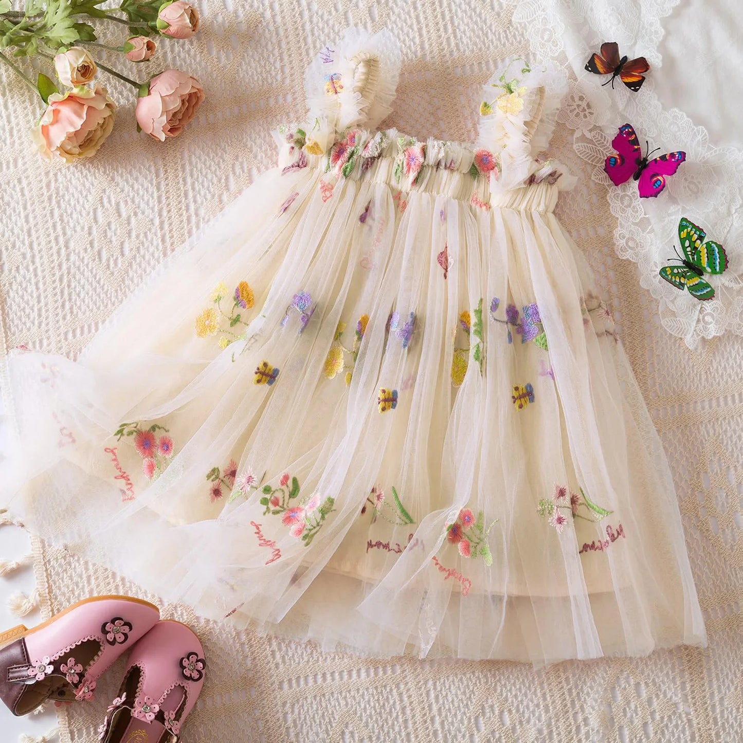 Outdoor Summer Cute Princess Dress Toddler Baby Girls Embroidery Flower Suspender Mesh Dresses Birthday Party Princess Dresses