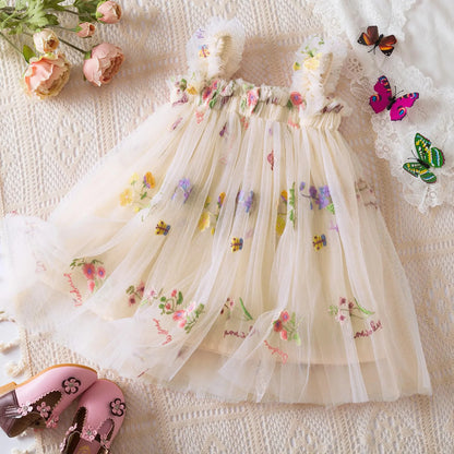 Outdoor Summer Cute Princess Dress Toddler Baby Girls Embroidery Flower Suspender Mesh Dresses Birthday Party Princess Dresses