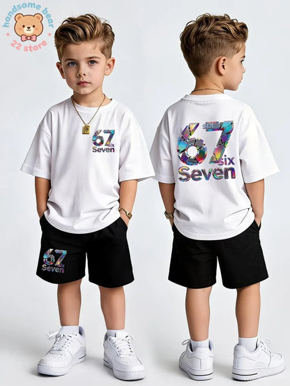 Boys Sets 67 Funny Print Kids T-Shirt Shorts Pant Set Casual Italian Brainrot Summer Top Suit for Funny Gift Children's Clothing