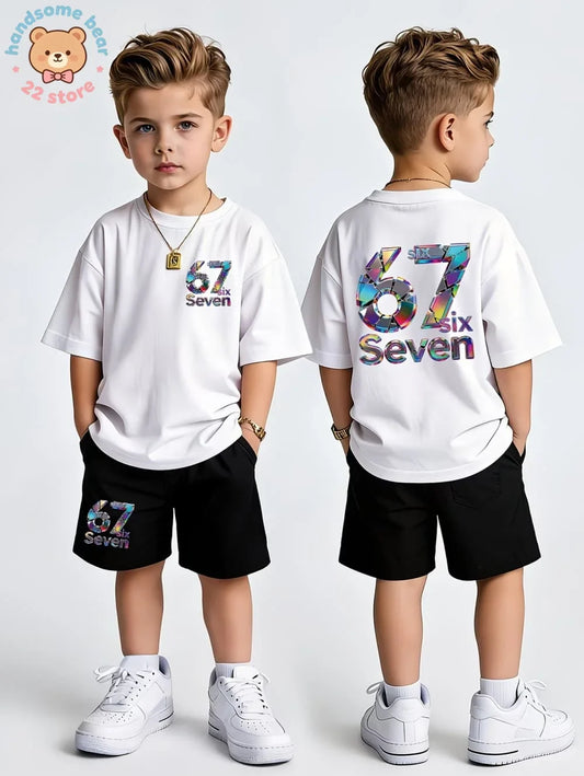 Boys Sets 67 Funny Print Kids T-Shirt Shorts Pant Set Casual Italian Brainrot Summer Top Suit for Funny Gift Children's Clothing