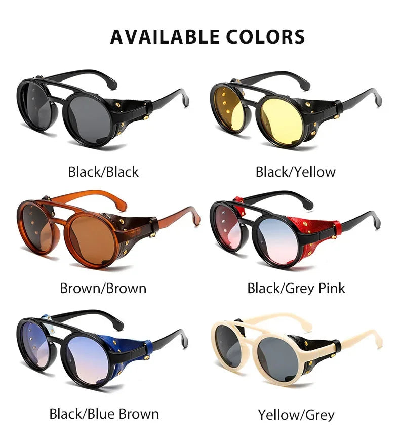 New Unisex Vintage Steampunk Sunglasses Men's Designer Designer Retro Round Leather Sun Glasses Steam Punk Outdoor Goggles UV400