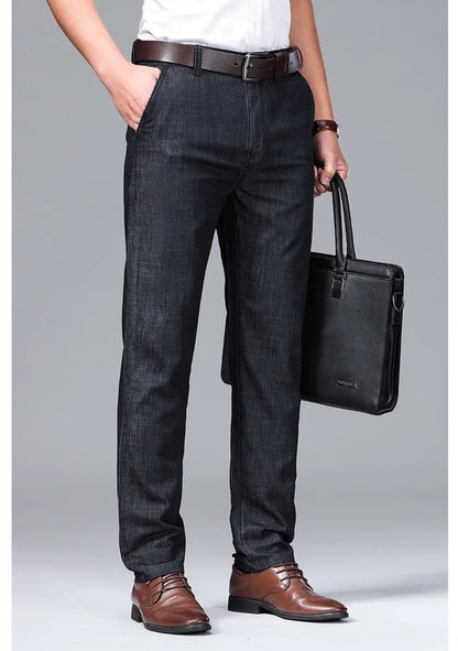 Modal Fabric Spring Summer Men's Black Thin Straight Jeans Classic Style Business Fashion Stretch Loose Jeans Male Brand