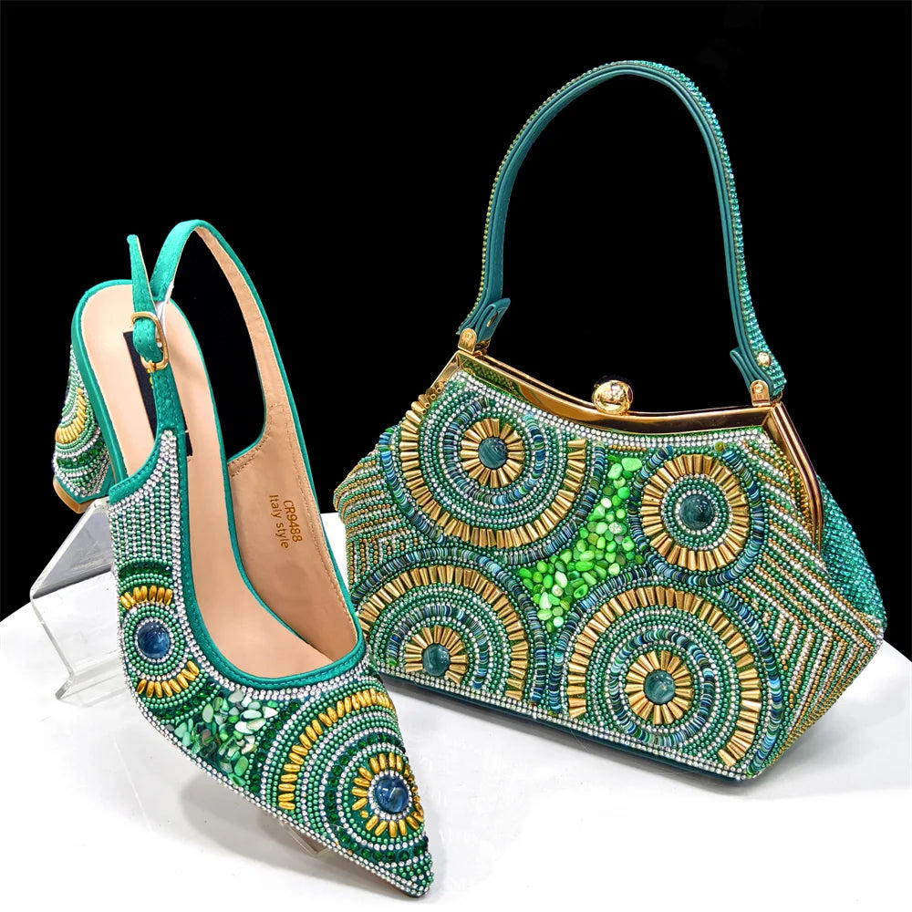 2025 Moda Mais Recente Chegada Laranja Ponta Fina Sandálias Femininas Sapatos com Bolsa Conjunto para Senhoras Festa de Casamento Salto