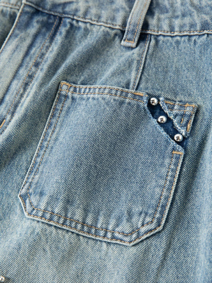 2026 Summer Women‘s Starfish Embroidered Denim Midi Skirt, Vintage A-Line Long Skirt Office Commute Versatile Daily Style