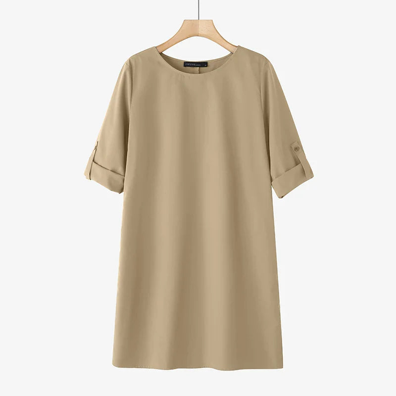 Elegant Women Party Dress 2026 Summer Fashion 3/4 Sleeve Casual Shirt Vestidos Pockets Loose Solid Knee-length Sundress