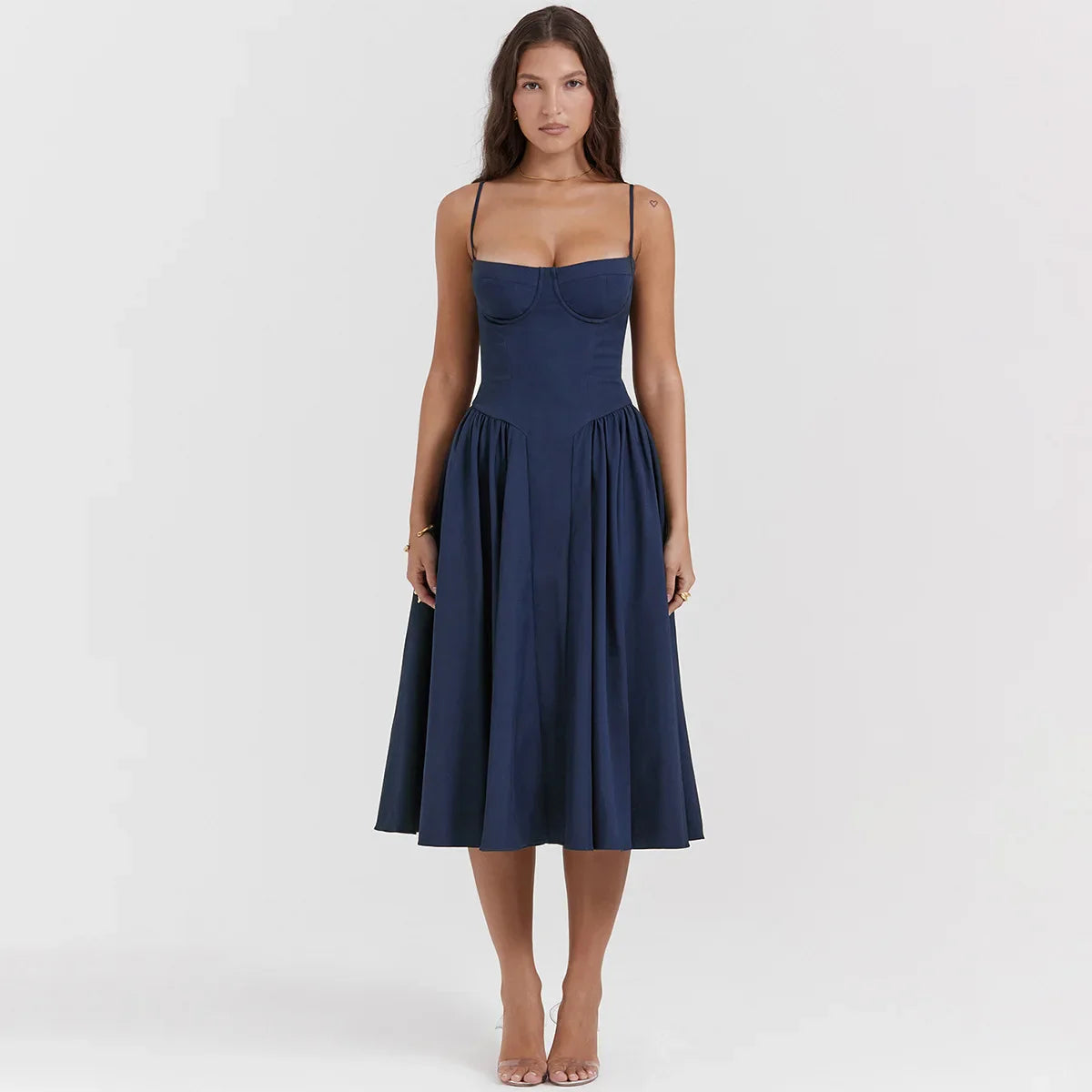 Women Elegant Sleeveless Backless Pleated Dresses Lady Sexy Solid Sling Midi Dress 2024 Female Party Evening A-line Robes