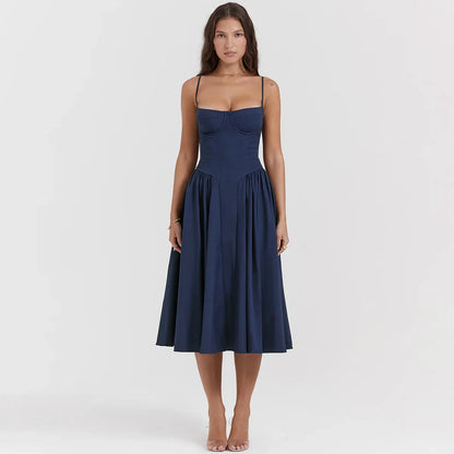 Women Elegant Sleeveless Backless Pleated Dresses Lady Sexy Solid Sling Midi Dress 2024 Female Party Evening A-line Robes