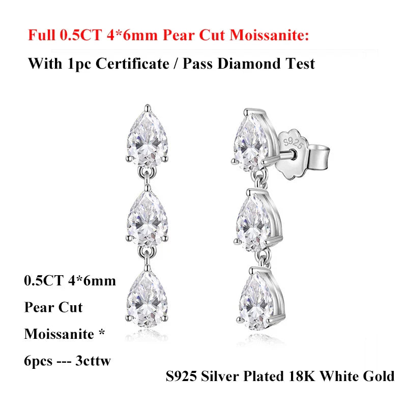 Pear Cut 3-Stone Full 3EX Moissanite Short Dangle Drop Earrings for Women s925 Silver Teardrop Earring Party Jewelry Gift