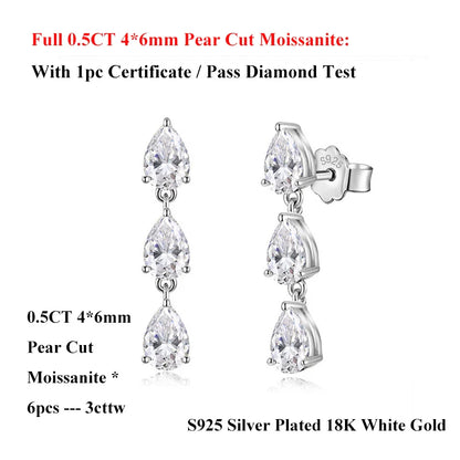 Pear Cut 3-Stone Full 3EX Moissanite Short Dangle Drop Earrings for Women s925 Silver Teardrop Earring Party Jewelry Gift