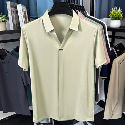 High quality ice silk short sleeve T-shirt men's lapel top trendy brand design cool silky breathable summer casual polo shirt