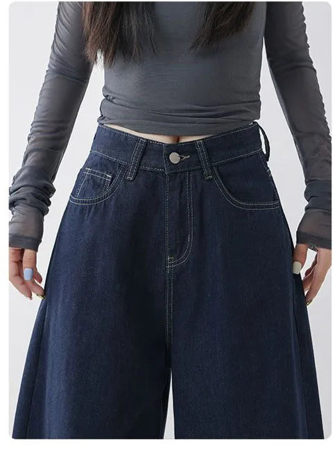 High Waist Straight Leg Loose Fit Denim Jeans Women's Floor Length Lazy Wide Leg Meat Concealing Deep Blue American Style Long P