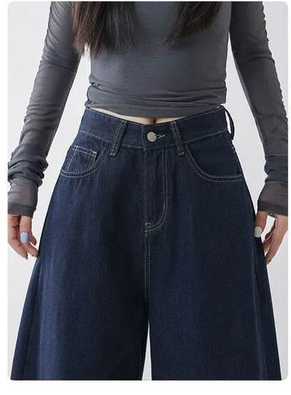 High Waist Straight Leg Loose Fit Denim Jeans Women's Floor Length Lazy Wide Leg Meat Concealing Deep Blue American Style Long P