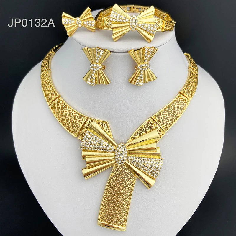 Conjunto de Joias Femininas Banhadas a Ouro 18k, Design Clássico, Colar, Brinco, Pulseira e Anel, Conjunto de 4 Peças, Joias para Festa de Casamento, Itália