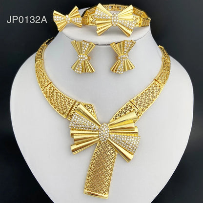 Conjunto de Joias Femininas Banhadas a Ouro 18k, Design Clássico, Colar, Brinco, Pulseira e Anel, Conjunto de 4 Peças, Joias para Festa de Casamento, Itália