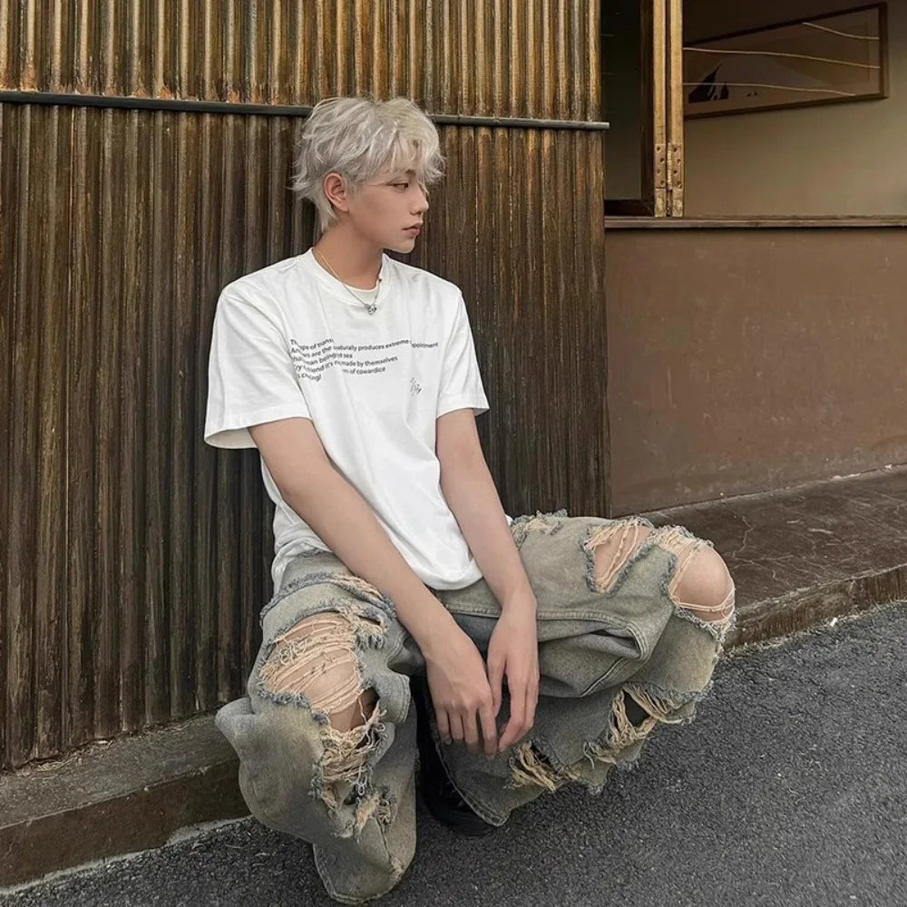 Ripped Jeans Men's Straight Loose Wide-leg American High Street Pants Retro Trousers Cotton Casual Pants Baggy Jeans