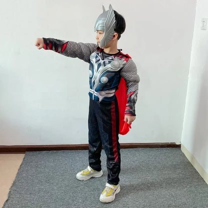 New Thor Cosplay Muscle Costume Jumpsuit Mask Hammer Halloween Carnival Clothes for Children Kids Thor Muscle Costume