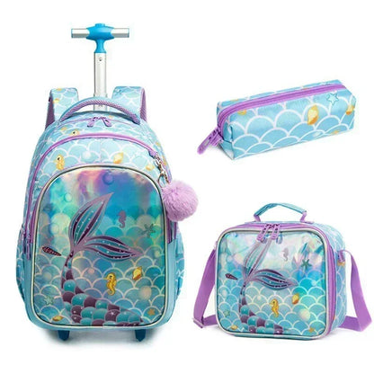 Children's Wheeled Backpack Bag Set with Lunch Box School Rolling Backpack Bag with Wheels School Trolley Backpack Bag for Girls