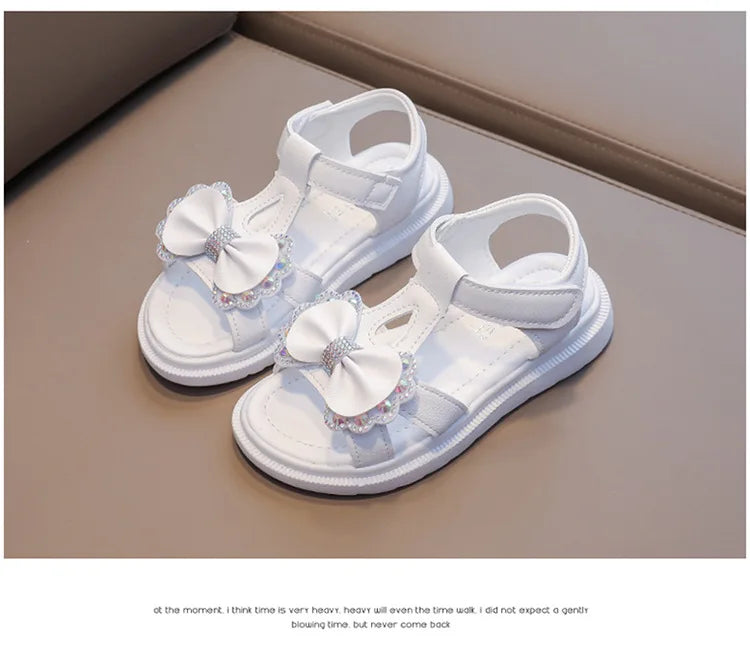 Girl Sandal Kid Summer Elegant Bling Rhinestone Party Princess Beach Shoes Cute Bowknot School Shoes for Kids Flat Heel F05201