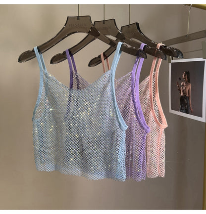 Summer New Mesh Diamond Crystal Short Halter Top AB Color Diamond Sexy Inner Shining Waistless Tops