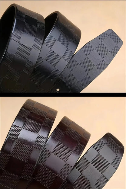 Light Luxury Mens Leather Belt Smooth Buckle Genuine Cowhide Perforated Pattern Fashion Trendy High End Versatile