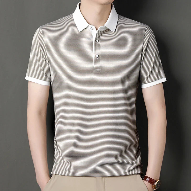 2024 Men's New Striped Cotton Business Casual Short Sleeved POLO Shirt Fashion Short Sleeved Comfortable and Breathable Top