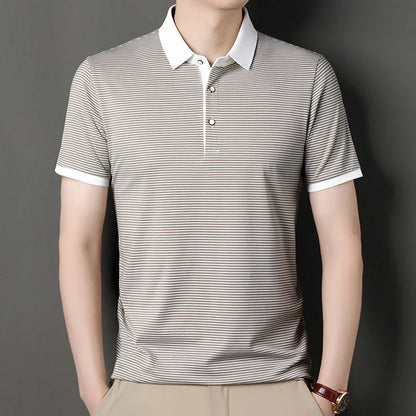 2024 Men's New Striped Cotton Business Casual Short Sleeved POLO Shirt Fashion Short Sleeved Comfortable and Breathable Top