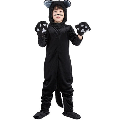 Black Cat Cosplay Children's Costume Cute Kitten Animal Onesie + Gloves + Hat Suit Suitable for Stage Show Halloween Party