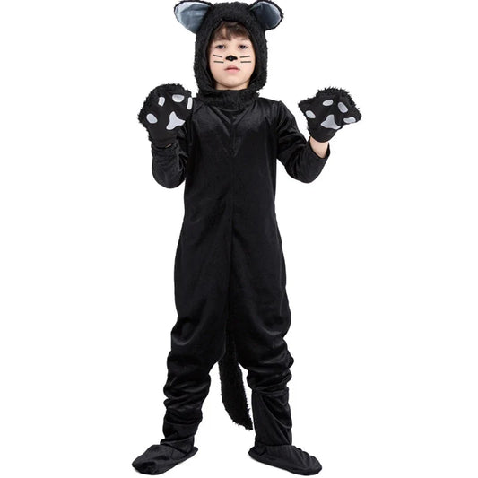 Black Cat Cosplay Children's Costume Cute Kitten Animal Onesie + Gloves + Hat Suit Suitable for Stage Show Halloween Party