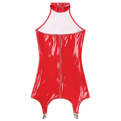 Womens Bodycon Tight Mini Dress Glossy Patent Leather Sexy Latex Club Dress with Garter Clips Back Zipper Rave Party Clubwear
