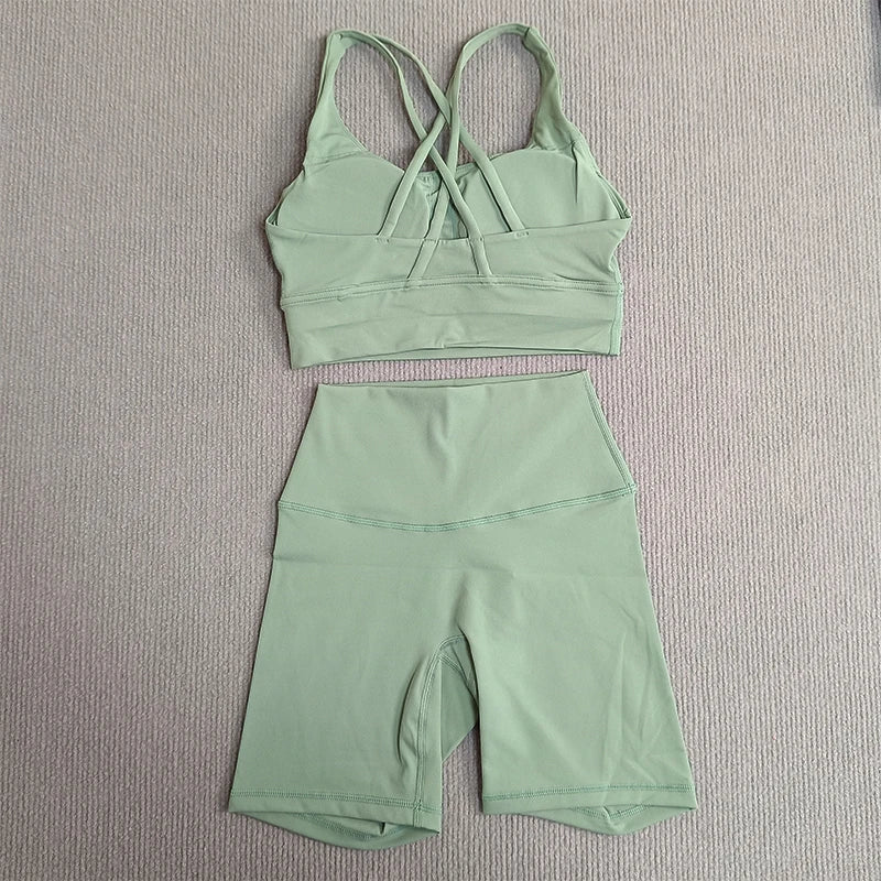 Women's 2-Piece Yoga Set Tights Shorts For Woman Cross Back Bra Top + High Waist Shorts Fitness Running Workout Tracksuit
