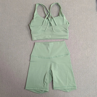 Women's 2-Piece Yoga Set Tights Shorts For Woman Cross Back Bra Top + High Waist Shorts Fitness Running Workout Tracksuit