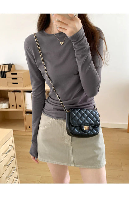 2026 Spring Autumn T shirt Women Tops Solid Slim Fit Long Sleeve O Neck Tshirts Female Casual Streetwear High Quality Base Tees