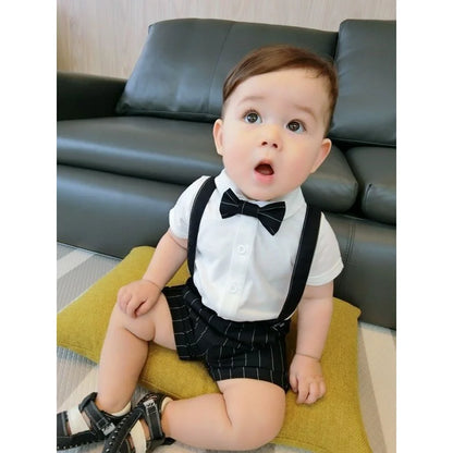 Gentleman Baby Boss Suit White Polo Shirt Stripe Straps Shorts Set 1st Birthday Outfit for Baby Kids Boys Wedding Party Tuxedo