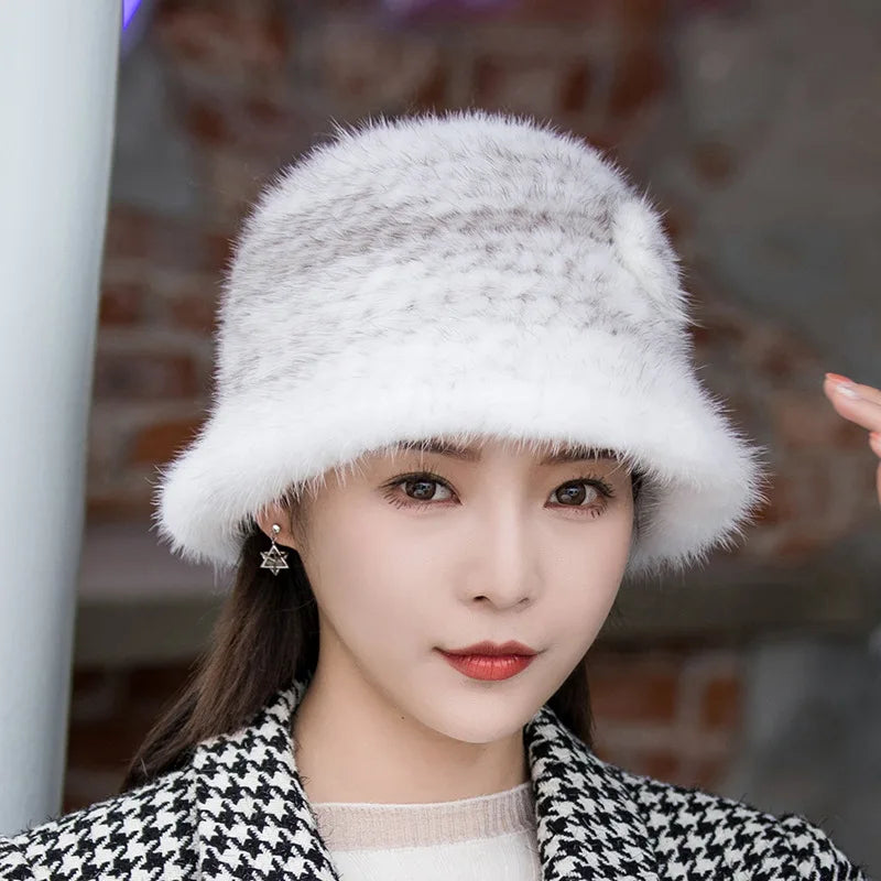 Woman Hat Winter Solid Mink Caps With Flower Natural Mink Fur Hats New Russian Girl Soft Knitting Real Fur Bucket Hats 2026 Warm