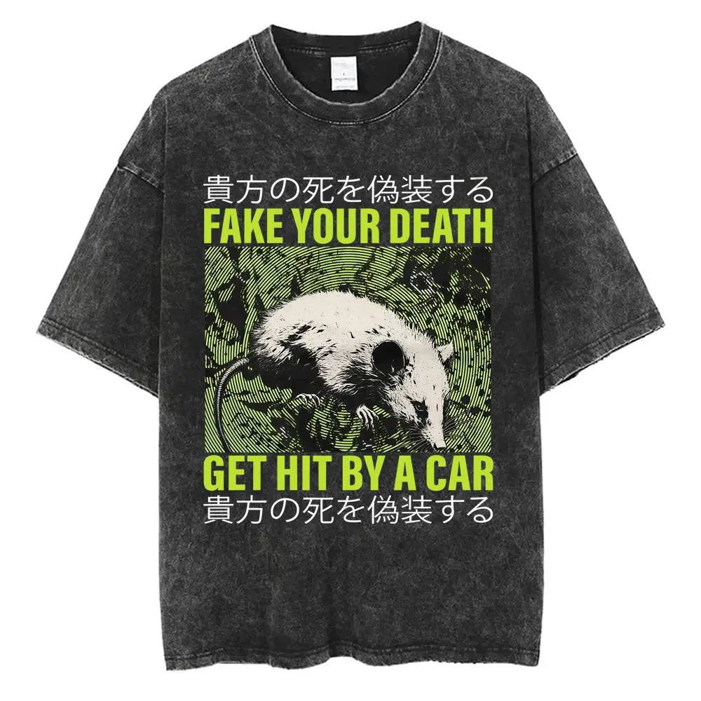 I Do Not Think Therefore I Do Not Am T-shirt Funny Japanese Style Opossum Vintage Washed T Shirt Unisex Fashion Humor T-shirts