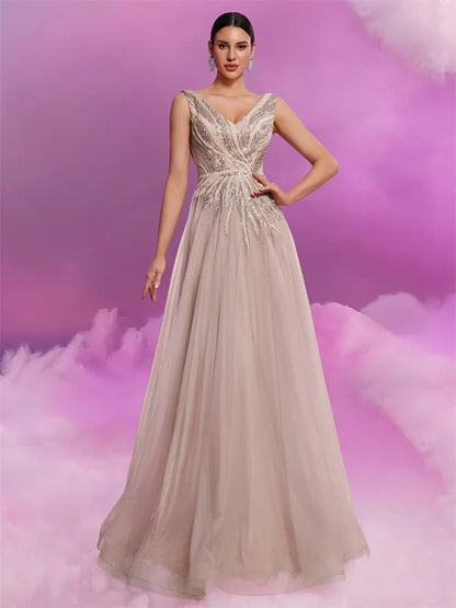 Vestidos de Noite de Luxo com Apliques de Lantejoulas e Decote em V Elegantes Vestidos de Coquetel Formais de Tule sem Mangas para Festas de Casamento com Saia Evasê