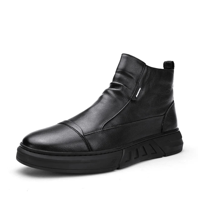 Winter Quality High Top Mens Leather Boots Zip Fashion Plush Warm Men Ankle Boots Soft Sole Male Casual Boots Platform Work Boot
