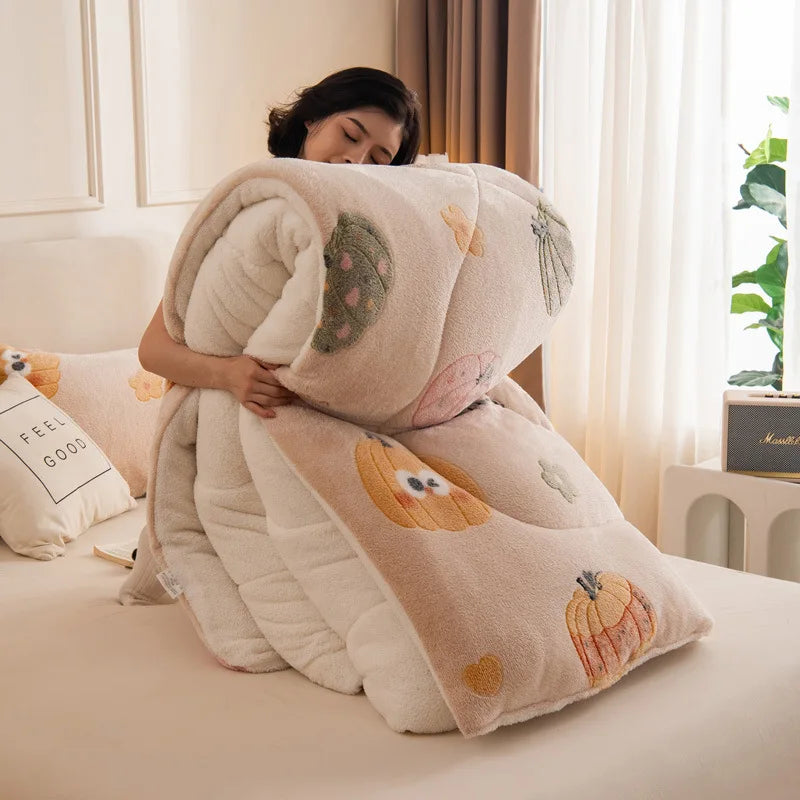 Winter Thick Coral Fleece Quilt Blanket Weighted Milk Velvet Snowflake Flannel Duvet Keep Warm Comforter for Student Dorm