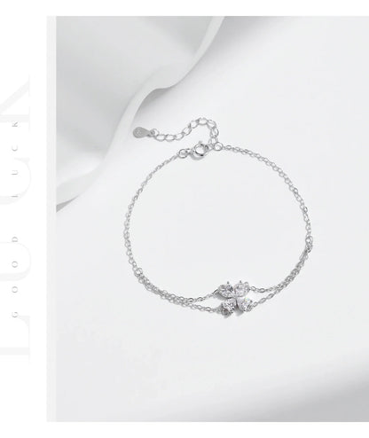 925 Sterling Silver Double Layer Flowers Hearts CZ Romantic Bracelet Luxury Adjustable Chain Link for Women Jewelry