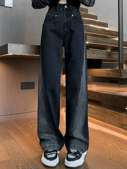 Calça Feminina Cintura Alta Jeans High Street Patchwork Reta