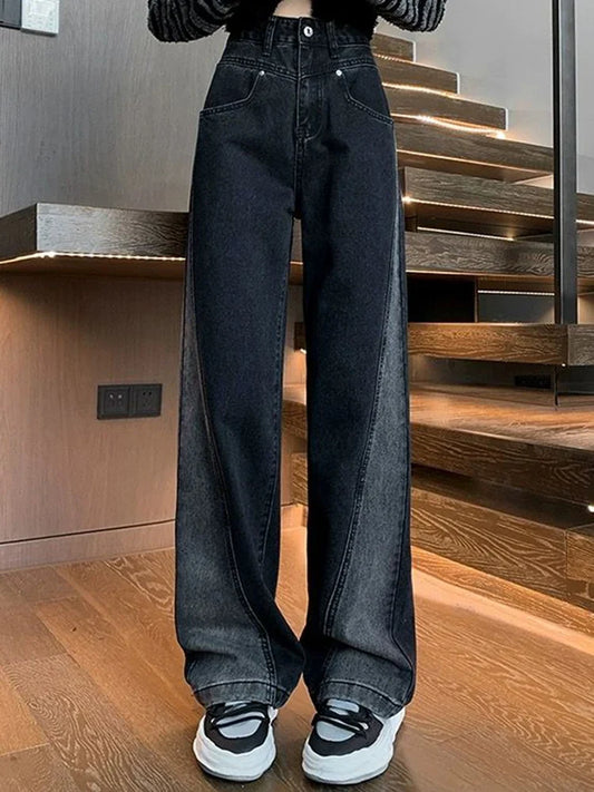 Woman High Waist Jeans High Street Patchwork Straight Leg Pants