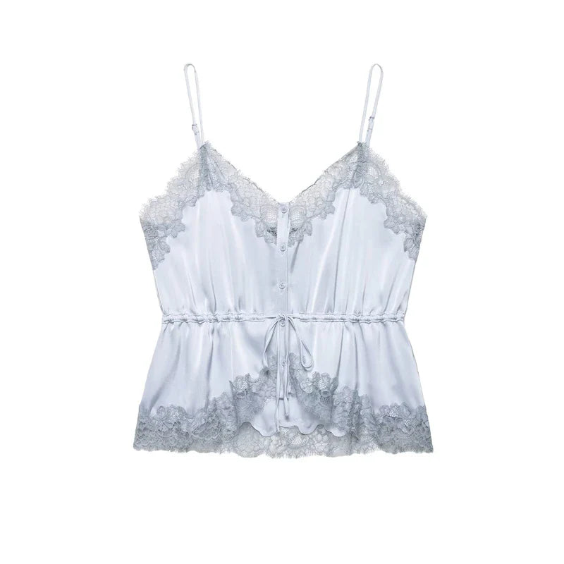 Women's Top 2026 New Spring Summer Lace Decoration Satin Textured Top for Women Chic Personality Female Spaghetti Strap Top