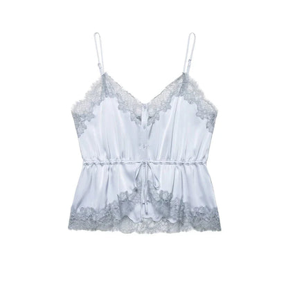 Women's Top 2026 New Spring Summer Lace Decoration Satin Textured Top for Women Chic Personality Female Spaghetti Strap Top